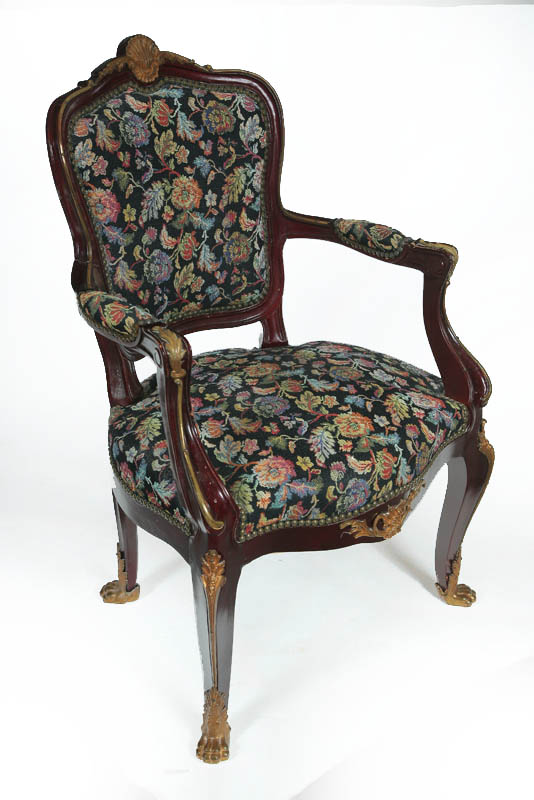 Appraisal: FRENCH-STYLE ARMCHAIR Twentieth century mixed woods Exposed frame decorated with