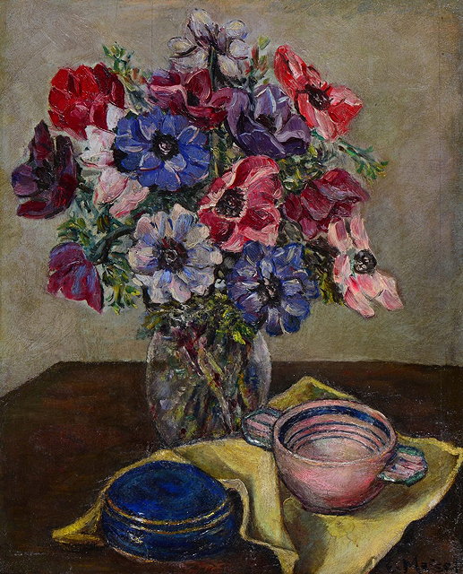 Appraisal: E MEISELStill life a vase of mixed flowers with dishes