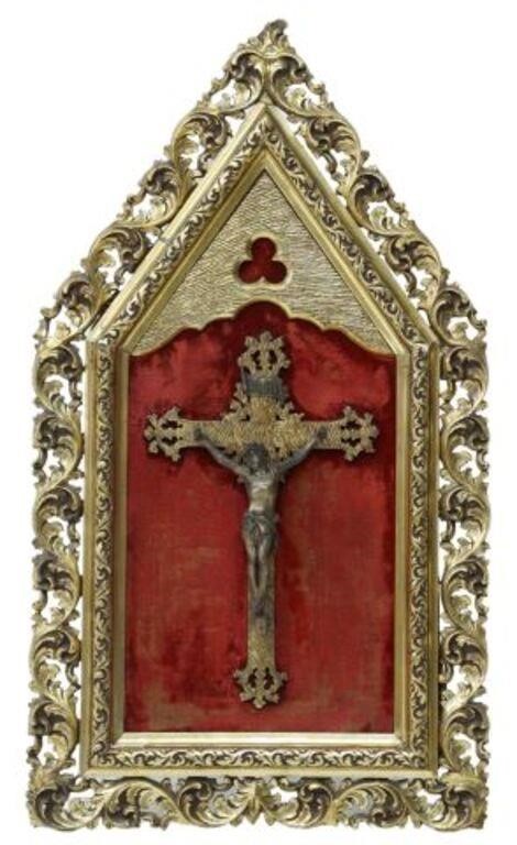 Appraisal: Framed Gothic Revival crucifix gilt foliate scroll frame worn fabric-clad