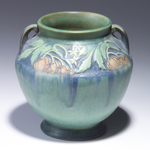 Appraisal: ROSEVILLE Green Baneda bulbous vase Restoration to rim and base