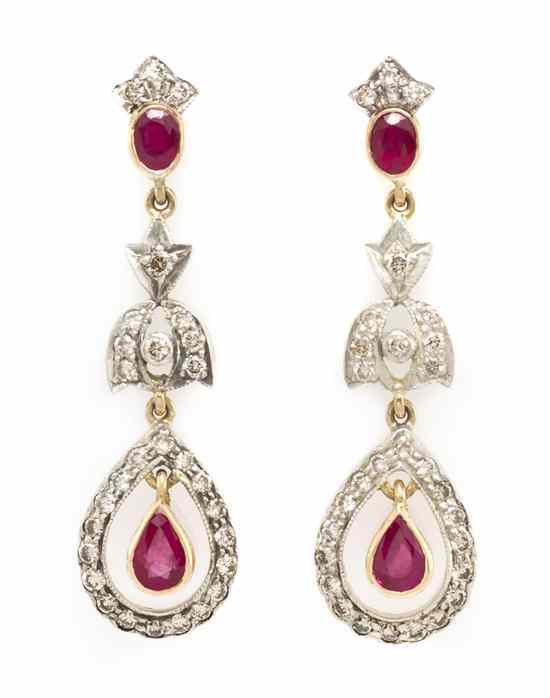 Appraisal: A Pair of Karat Gold Diamond and Ruby Ear Pendants