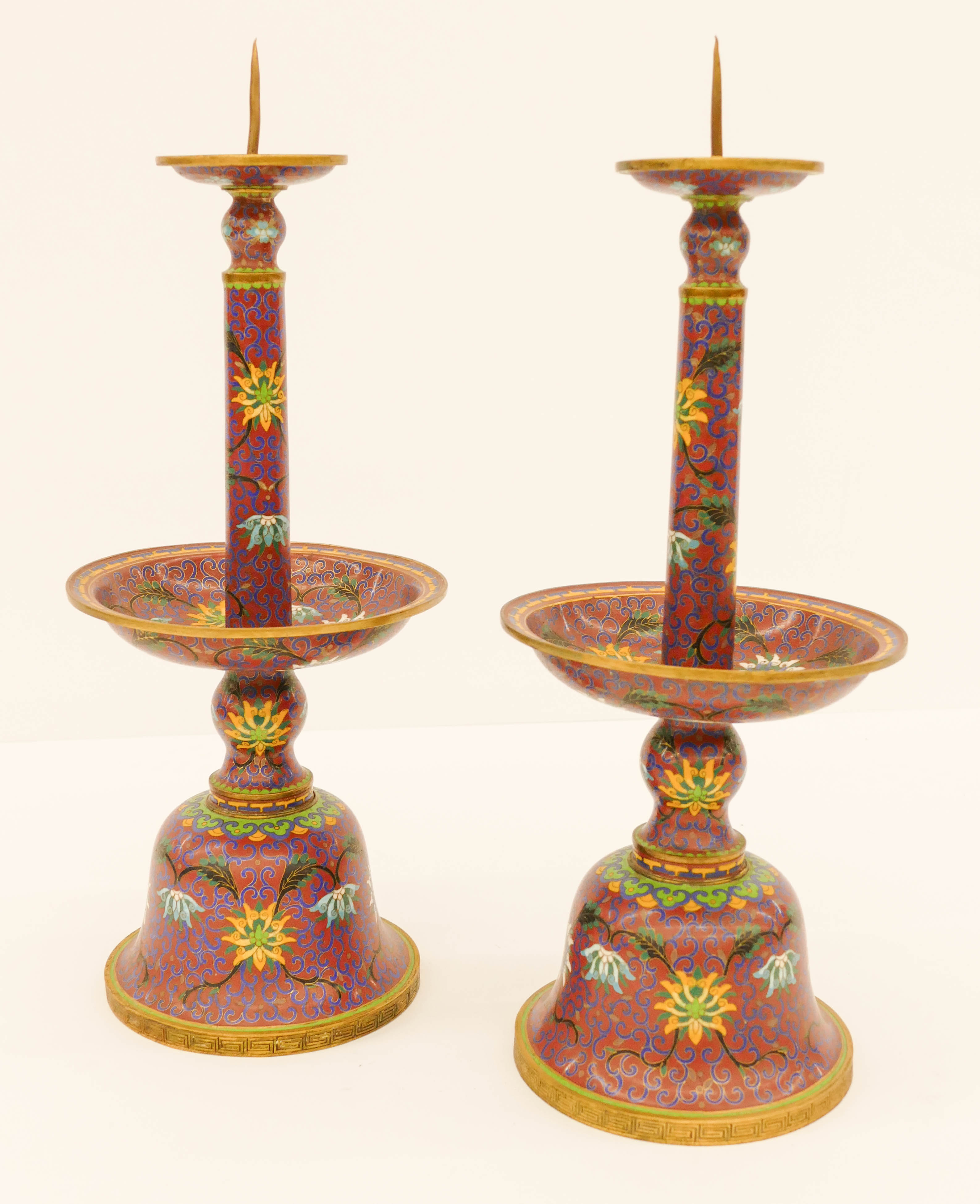 Appraisal: Pair Chinese Republic Lao Tian Li Cloisonne Candlestands ''x ''