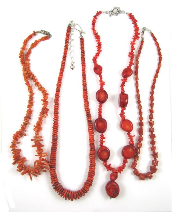 Appraisal: FOUR CORAL BEADED NECKLACES lengths from to inches