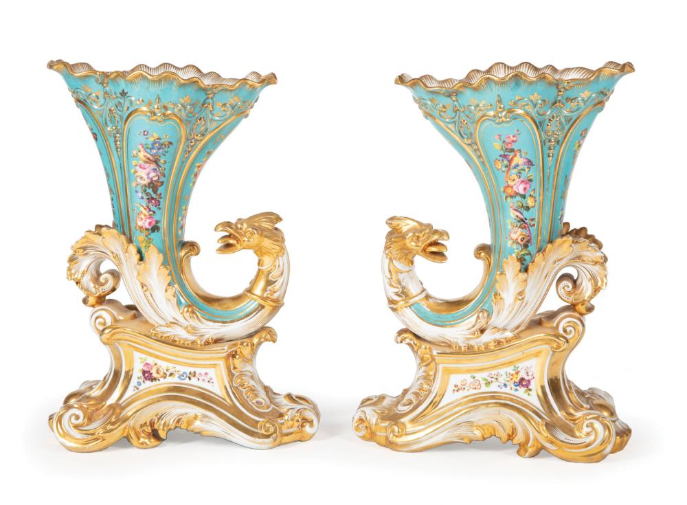 Appraisal: Fine Pair of Richly Gilt Paris Porcelain Dragon-Headed Rhyton Garniture