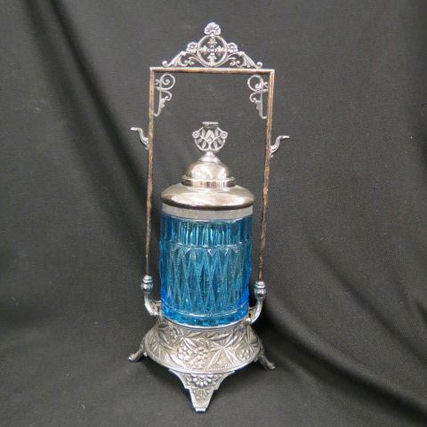 Appraisal: Victoiran Pickle Castor blue glass insert silverplate holder with forks