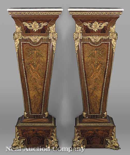 Appraisal: A Pair of R gence-Style Gilt Bronze-Mounted Tulipwood Marquetry Pedestals