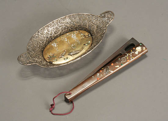 Appraisal: Japanese Filigree Silver and Shibayama Gold Lacquer Oval Shallow Dish