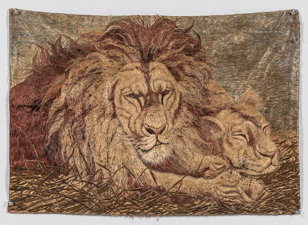 Appraisal: Embroidered Lion Tapestry Embroidered Lion Tapestry Japan Meiji period depicting