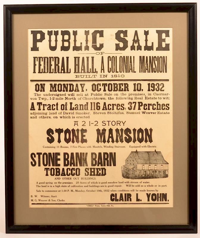 Appraisal: Public Sale Broadside of Stone Mansion and Barn Public Sale