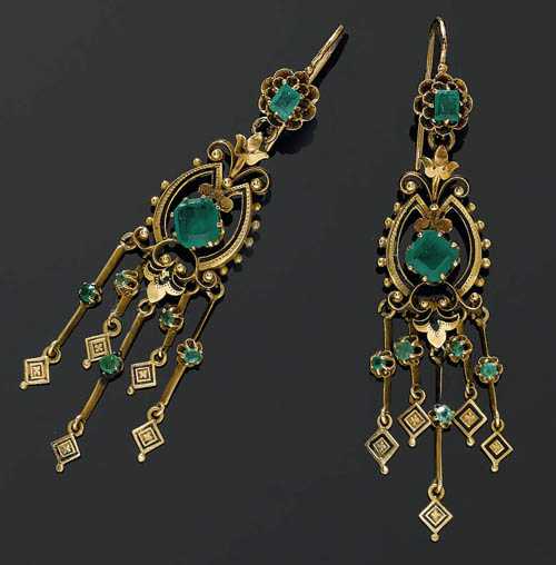 Appraisal: GOLD EMERALD AND ENAMEL PENDANT EARRINGS ca Yellow gold Very