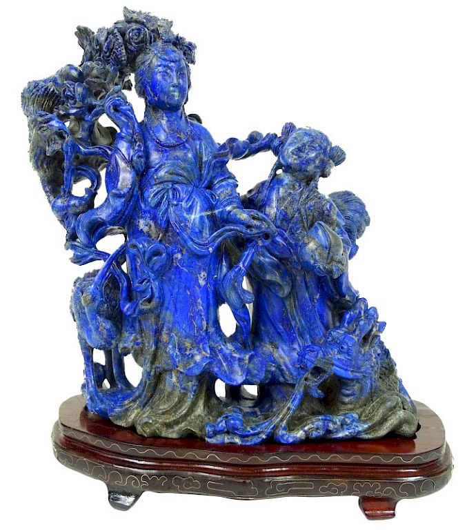 Appraisal: Large Vintage Chinese Carved Lapis Quan Yin Group Large Vintage