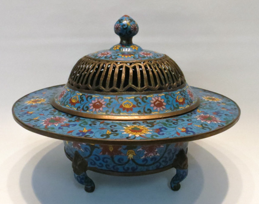 Appraisal: CHINESE CLOISONNE ENAMEL COVERED CENSOR The blue ground having polychrome