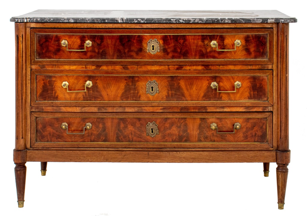 Appraisal: DIRECTOIRE BRASS-MOUNTED MAHOGANY COMMODE Directoire brass-mounted mahogany three-drawer commode with