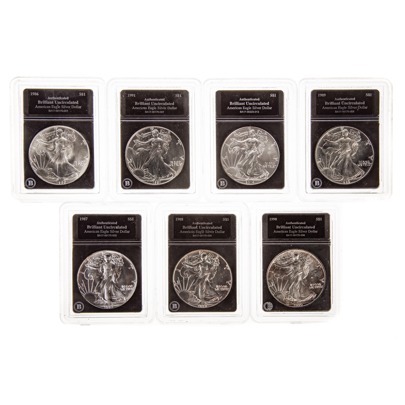 Appraisal: SEVEN SILVER EAGLES IN NICE COLLECTOR'S BOX From Bradford Exchange