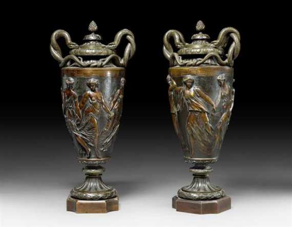 Appraisal: PAIR OF ORNAMENTAL VASES AUX SERPENTS Napoleon III attributed to