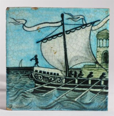 Appraisal: A William De Morgan galleon tile from a three tile