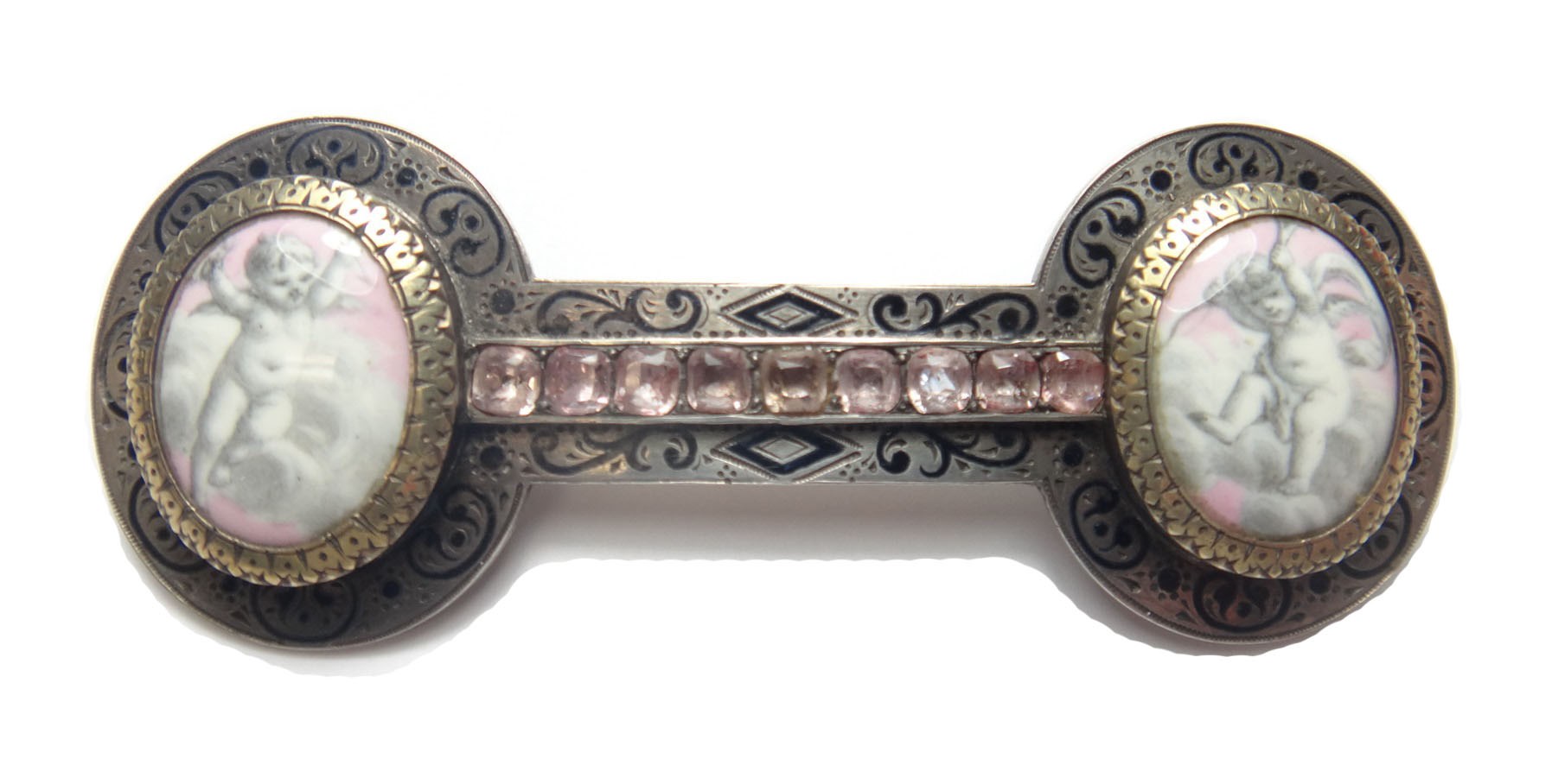 Appraisal: An enameled and pink gemstone set brooch designed as two