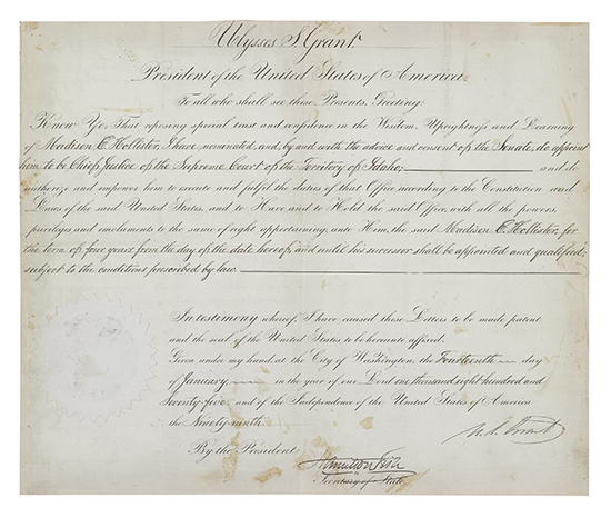 Appraisal: GRANT ULYSSES S Partly-printed Document Signed U S Grant as