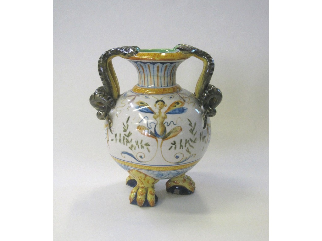 Appraisal: Cantagalli tin glazed vase with serpent handles and paw feet