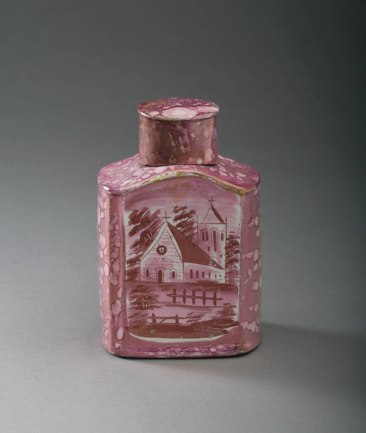 Appraisal: STAFFORDSHIRE OR SUNDERLAND PINK LUSTRE TEA CADDY AND COVER CIRCA