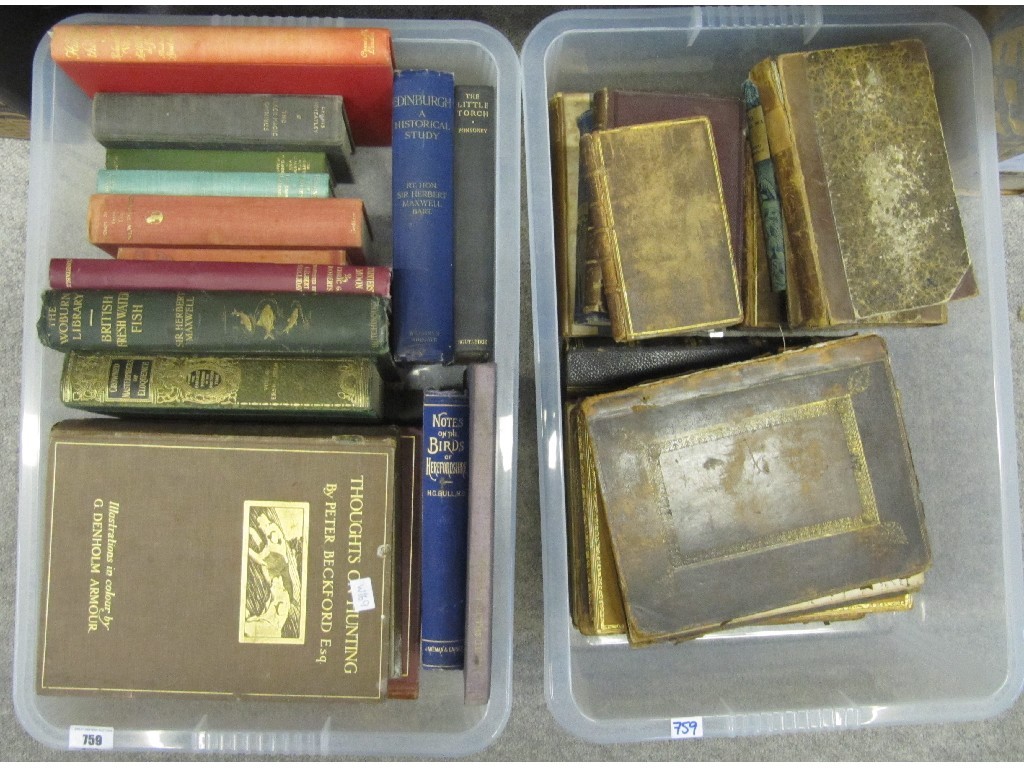 Appraisal: Two boxes containing various leather bound and hardback books