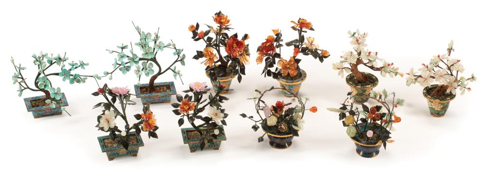 Appraisal: Five Pairs of Chinese Hardstone Trees in Cloisonne Enamel Pots