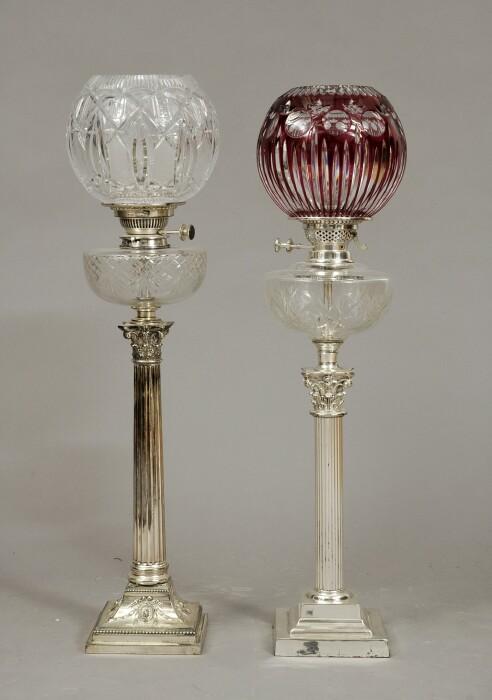 Appraisal: Two Victorian Silverplate and Cut Glass Kerosene Banquet Lamps Electrified