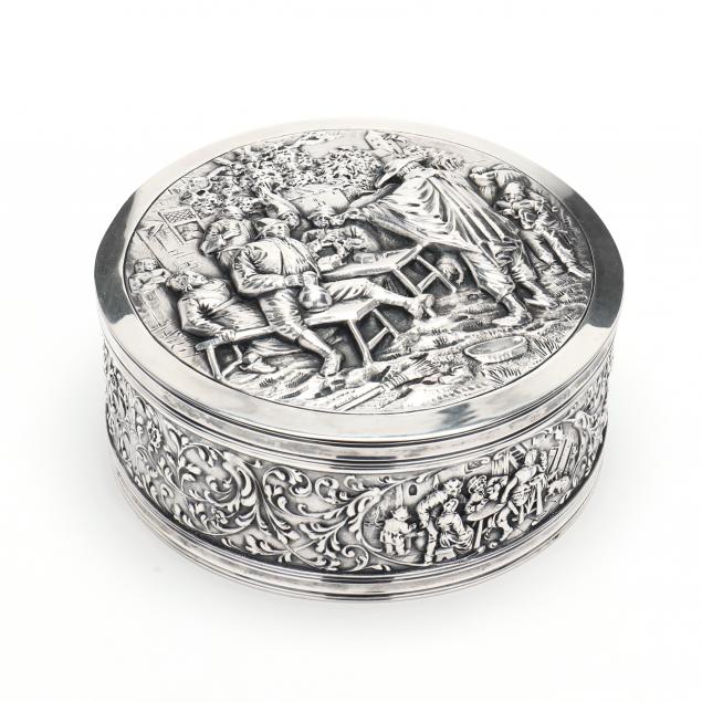 Appraisal: DUTCH FIGURAL REPOUSSE SILVER BOX First half th century partially