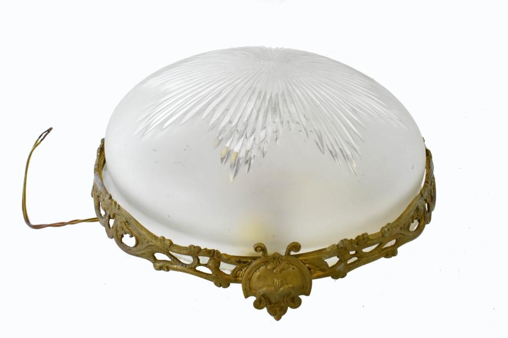 Appraisal: FRENCH FROSTED GLASS BRONZE THREE-LIGHT CEILING FIXTURECirca With a domed