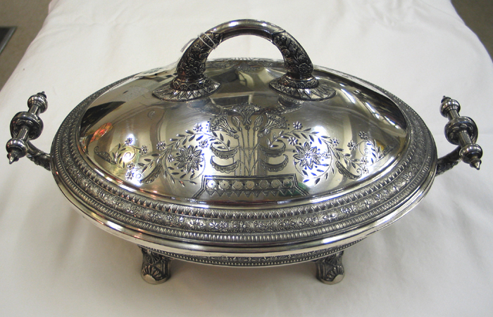 Appraisal: AMERICAN MERIDEN EARLY SILVERPLATED COVERED VEGETABLE DISH having chased and