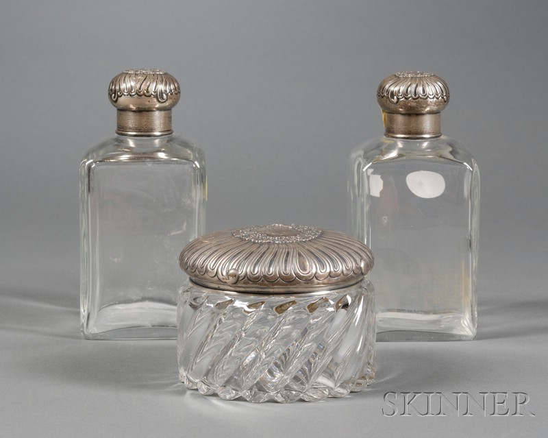 Appraisal: Set of Three Tiffany Co Sterling-lidded Colorless Glass Vanity Items