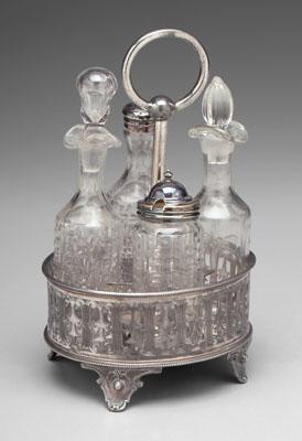 Appraisal: Silver plated cruet set oval stand with openwork gallery scroll