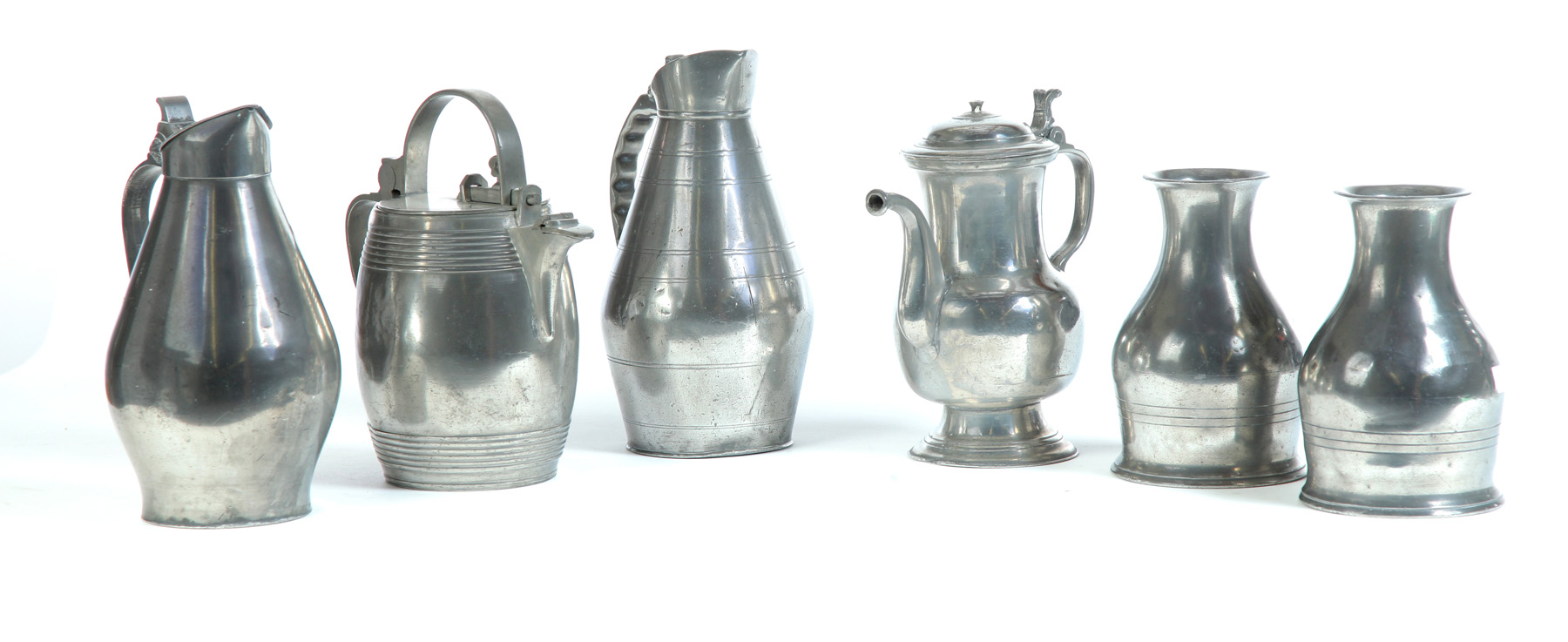 Appraisal: SIX EUROPEAN PEWTER VESSELS Eighteenth- th century Two water carafes