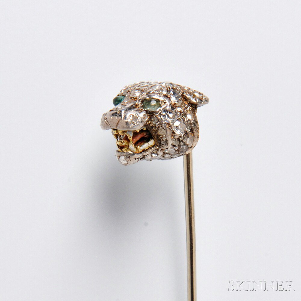 Appraisal: kt White Gold and Diamond Leopard Stickpin with green hardstone