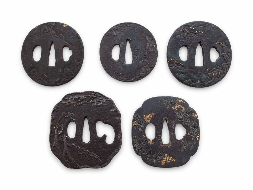 Appraisal: Five Inlaid Iron Tsuba Five Inlaid Iron Tsuba comprising three