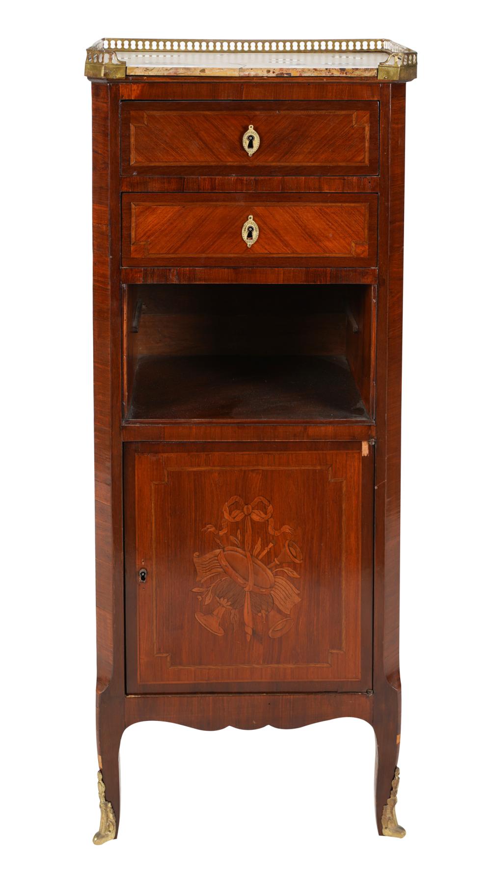 Appraisal: LOUIS XV-STYLE MARQUETRY SIDE CABINETthe marble top partially rimmed with