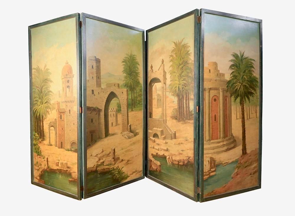 Appraisal: A Four Panel Painted Screen Depicting an Exotic Landscape oil