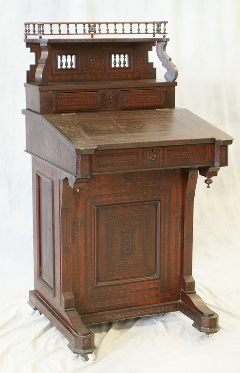 Appraisal: Inlaid teak Anglo-Indian micromosiac inlaid Davenport desk etensive geometric micromosiac