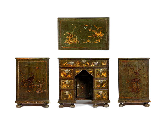 Appraisal: A GEORGE I GREEN LACQUERED KNEEHOLE DESK gilt decorated with