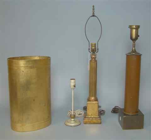 Appraisal: THREE DECORATIVE LAMPS AND A GILDED WASTE BASKET metal columnar