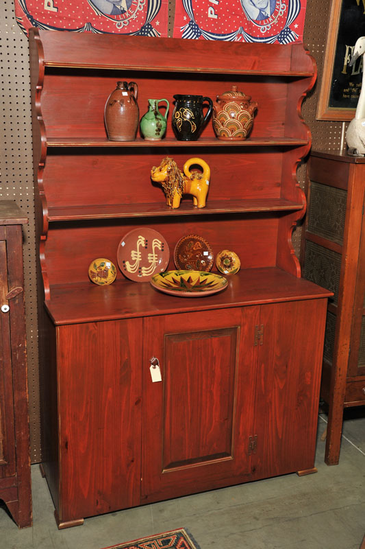 Appraisal: REPRODUCTION STEPBACK CUPBOARD Century Furniture's Henry Ford collection Red wash