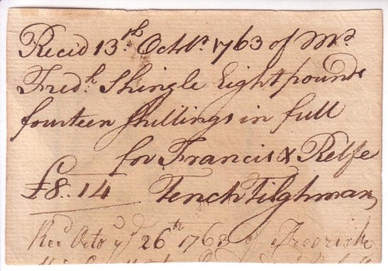 Appraisal: TILGHAM TENCH Autograph Note Signed receipt of eight pounds fourteen