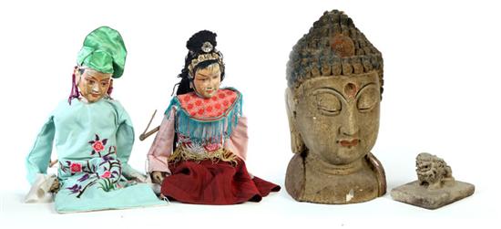 Appraisal: FOUR ITEMS Asian th century Two marionettes Carved wood paint