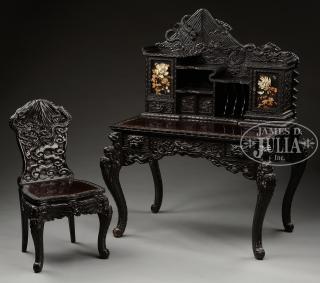 Appraisal: CARVED EBONIZED WOOD WRITING DESK CHAIR CARVED EBONIZED WOOD WRITING