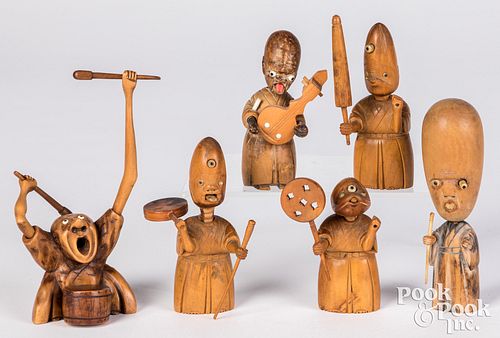 Appraisal: SIX CARVED AND STAINED WOOD KOBE FIGURESSix carved and stained