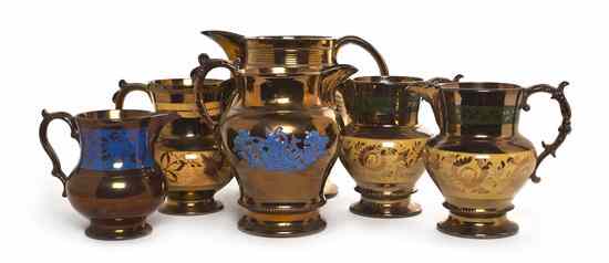 Appraisal: A Group of Six American Copper Lustreware Jugs th century