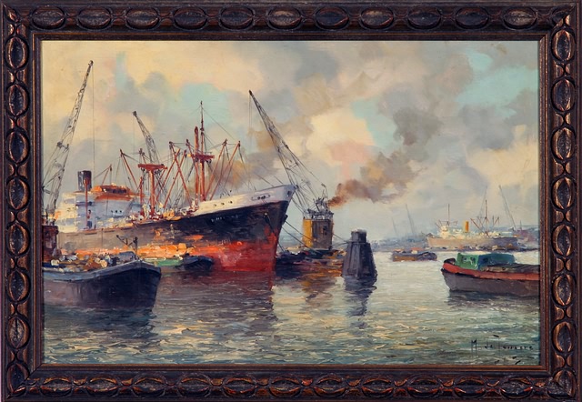 Appraisal: Cargo ships in the water oil on canvas x SLR