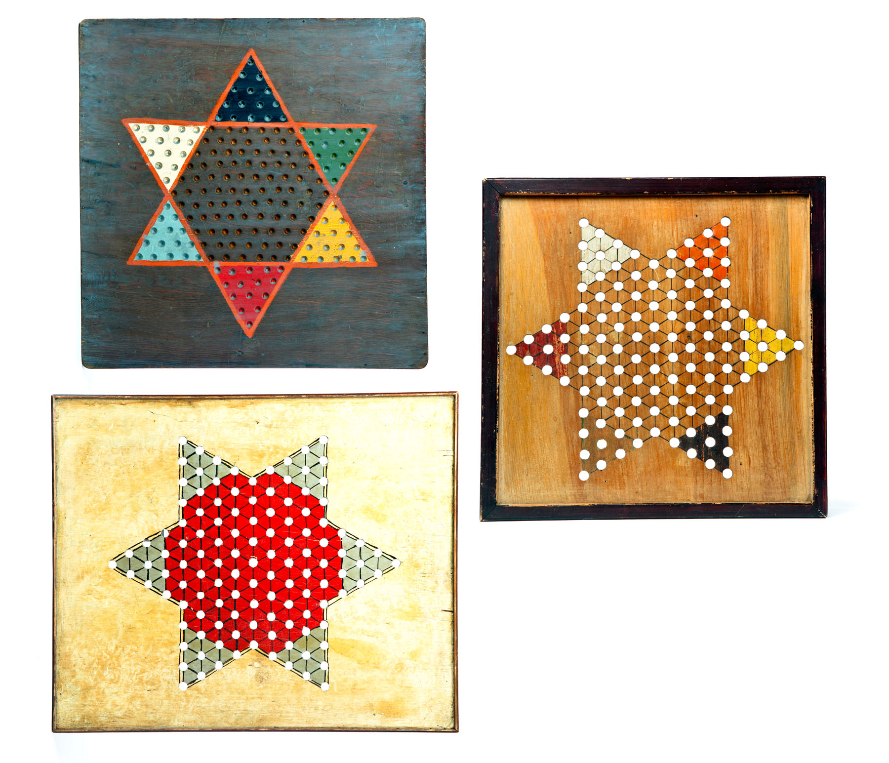 Appraisal: THREE PAINTED GAMEBOARDS American mid th century Chinese checkerboards with