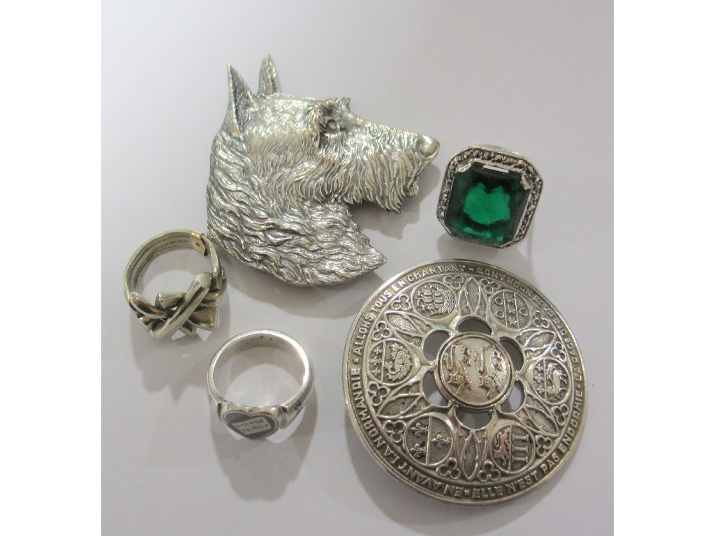 Appraisal: White metal Scottie dog brooch three rings and one other