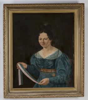 Appraisal: th c American folk portrait of a woman with ribbon